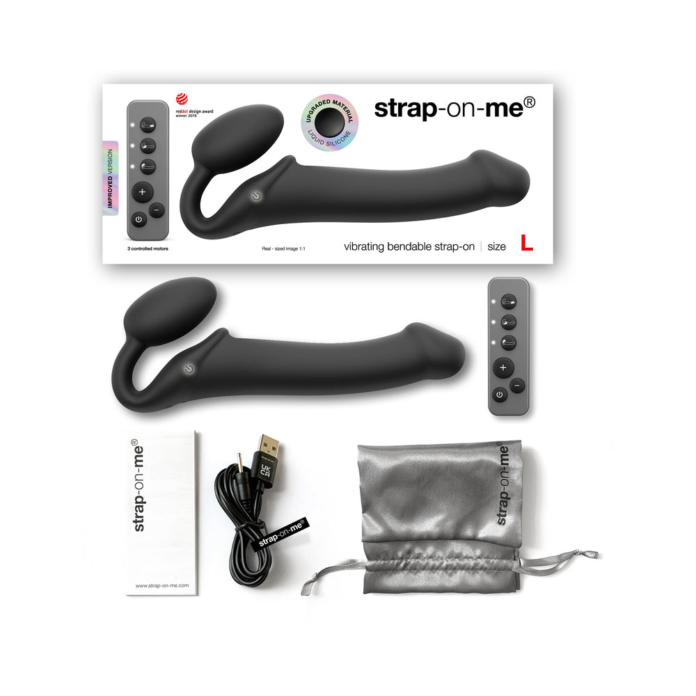 STRAP-ON-ME RECHARGEABLE REMOTE-CONTROLLED SILICONE VIBRATING BENDABLE STRAP-ON BLACK L