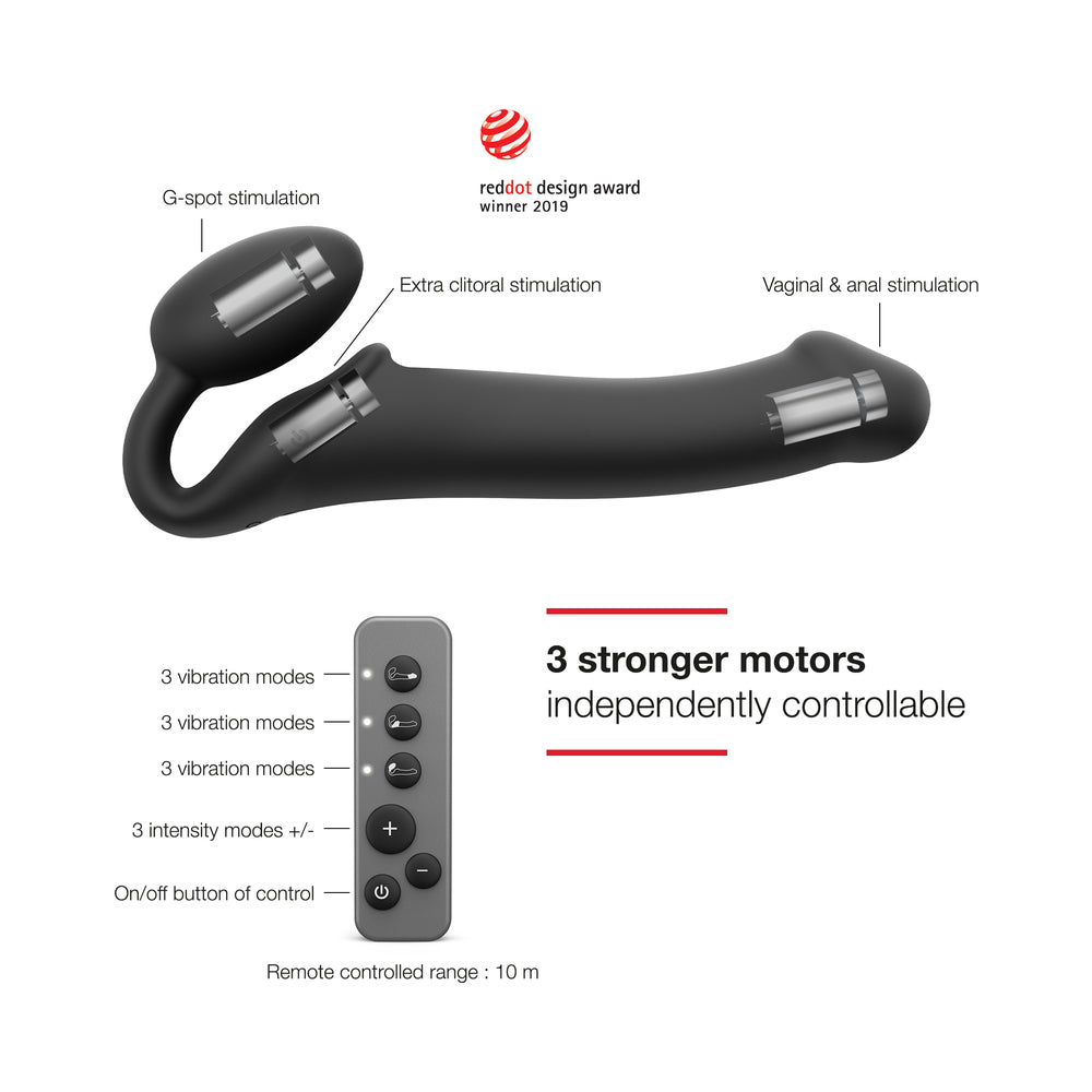 STRAP-ON-ME RECHARGEABLE REMOTE-CONTROLLED SILICONE VIBRATING BENDABLE STRAP-ON BLACK L