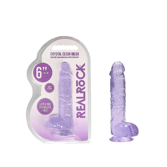 REALROCK CRYSTAL CLEAR REALISTIC 6 IN. DILDO WITH BALLS AND SUCTION CUP PURPLE
