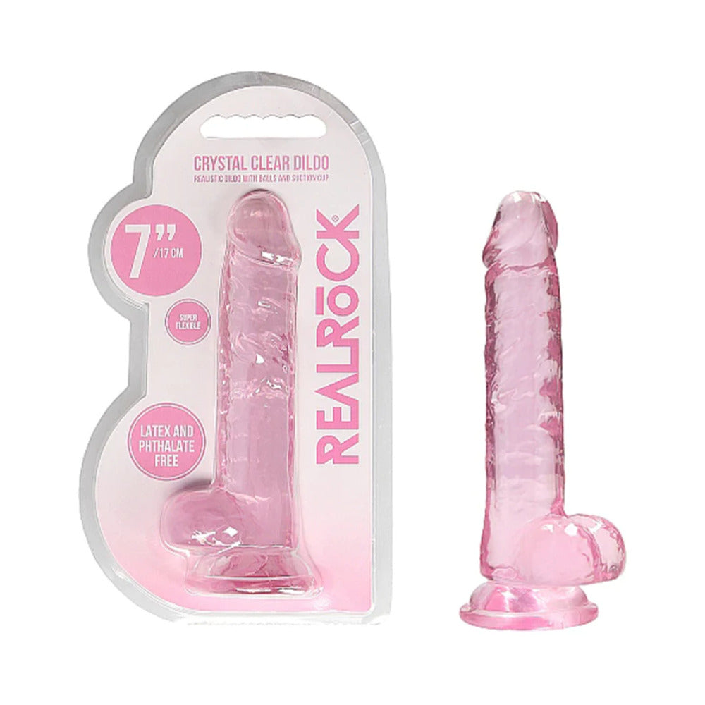 SHOTS - REALROCK CRYSTAL CLEAR REALISTIC 7 IN. DILDO WITH BALLS AND SUCTION CUP PURPLE