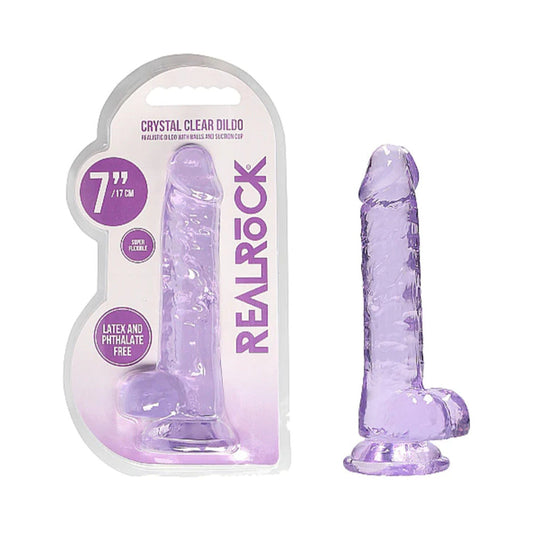 REALROCK CRYSTAL CLEAR REALISTIC 7 IN. DILDO WITH BALLS AND SUCTION CUP PURPLE