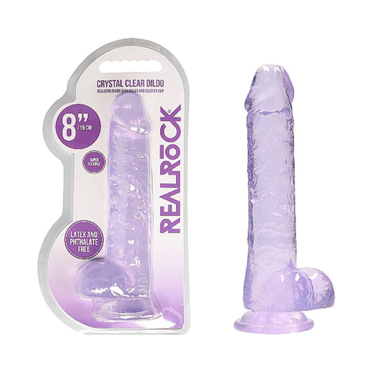 REALROCK CRYSTAL CLEAR REALISTIC 8 IN. DILDO WITH BALLS AND SUCTION CUP PURPLE