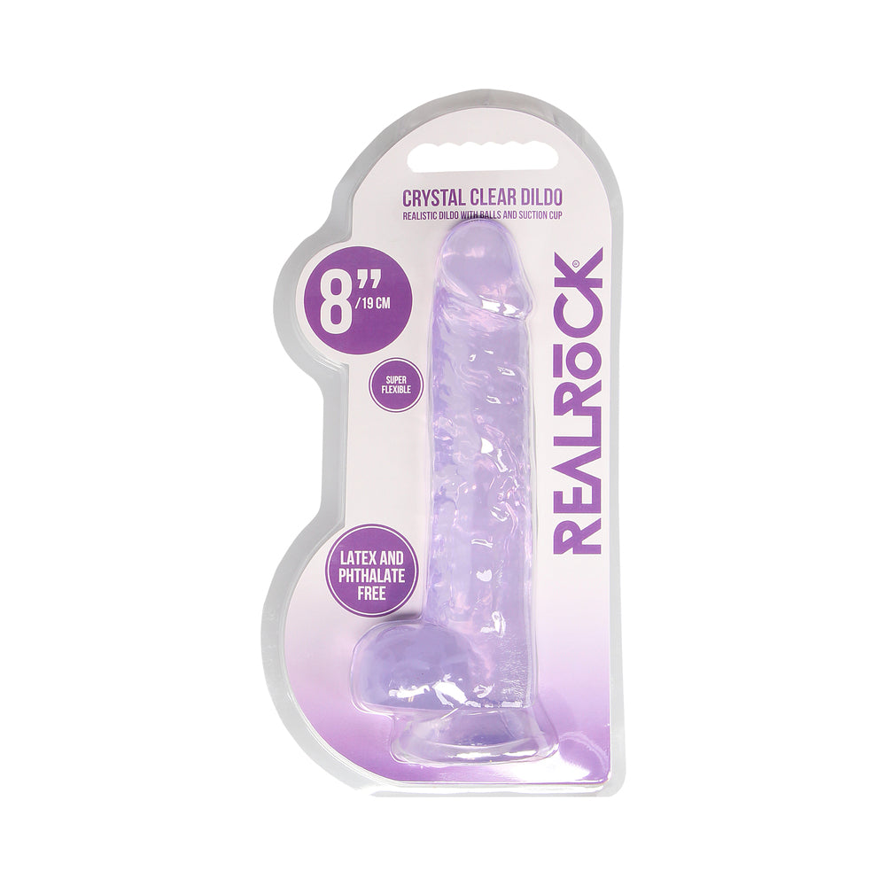 REALROCK CRYSTAL CLEAR REALISTIC 8 IN. DILDO WITH BALLS AND SUCTION CUP PURPLE