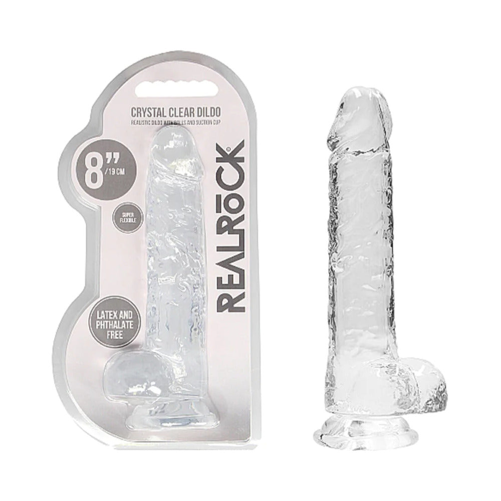 SHOTS - REALROCK CRYSTAL CLEAR REALISTIC 8 IN. DILDO WITH BALLS AND SUCTION CUP CLEAR