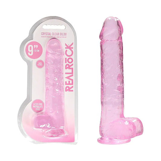 REALROCK CRYSTAL CLEAR REALISTIC 9 IN. DILDO WITH BALLS AND SUCTION CUP PINK