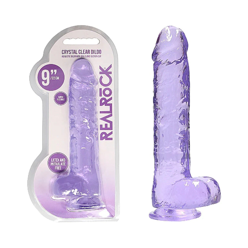 SHOTS - REALROCK CRYSTAL CLEAR REALISTIC 9 IN. DILDO WITH BALLS AND SUCTION CUP PURPLE