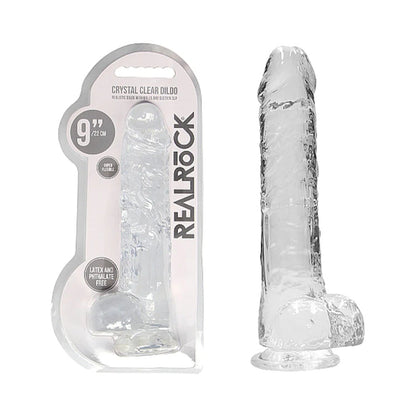 SHOTS - REALROCK CRYSTAL CLEAR REALISTIC 9 IN. DILDO WITH BALLS AND SUCTION CUP PURPLE