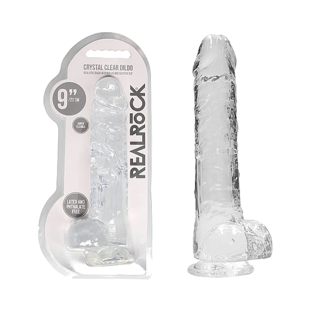 SHOTS - REALROCK CRYSTAL CLEAR REALISTIC 9 IN. DILDO WITH BALLS AND SUCTION CUP PINK