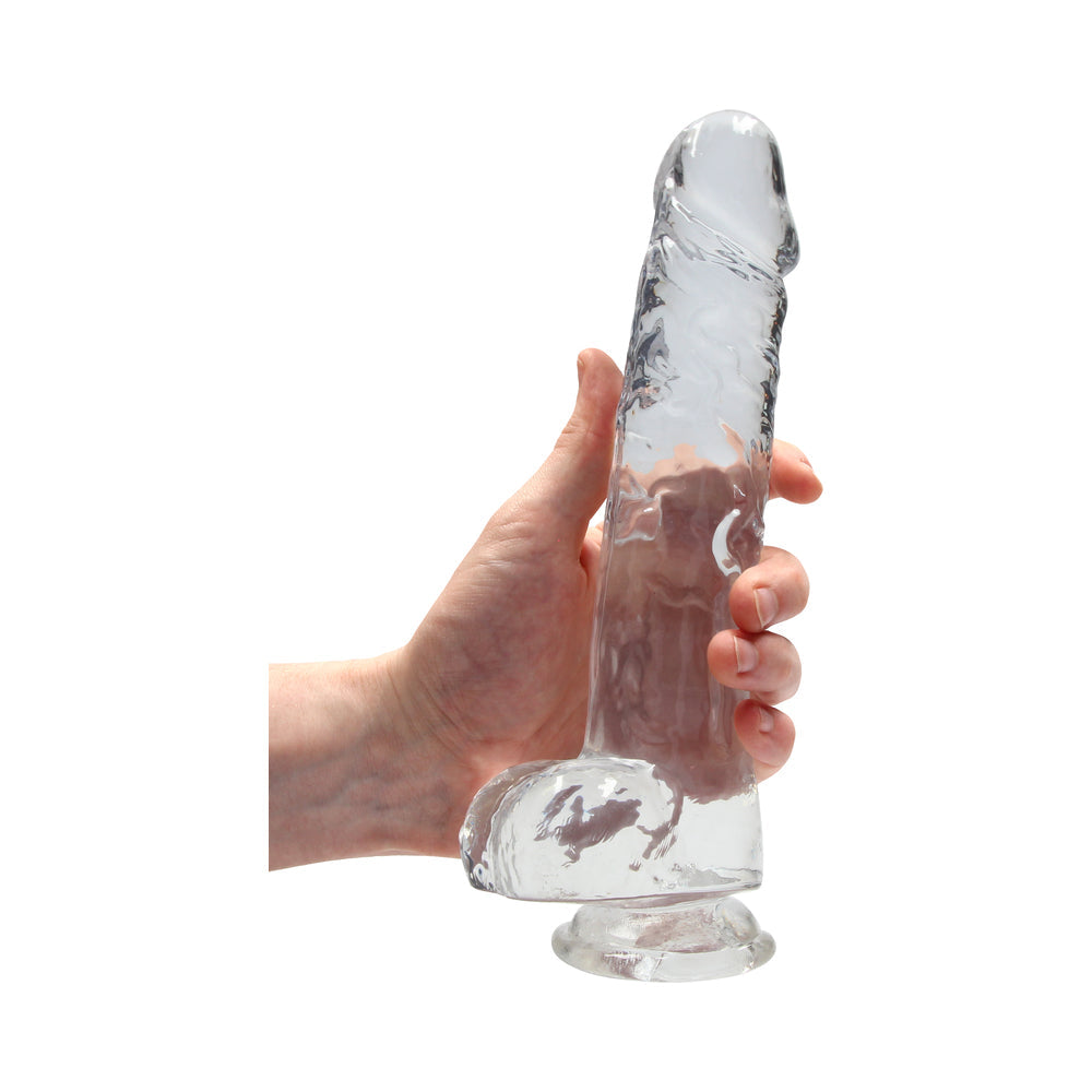 SHOTS - REALROCK CRYSTAL CLEAR REALISTIC 9 IN. DILDO WITH BALLS AND SUCTION CUP PURPLE