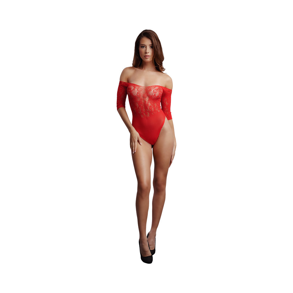 LE DESIR CROTCHLESS RHINESTONE TEDDY RED O/S