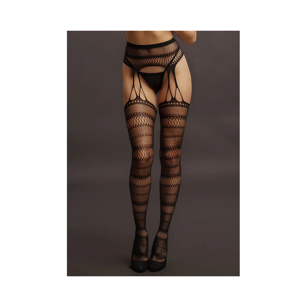 LE DESIR SUSPENDER STRIPED PANTYHOSE BLACK O/S