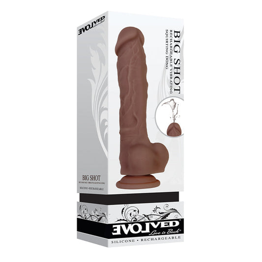 EVOLVED BIG SHOT RECHARGEABLE VIBRATING 8 IN. SILICONE SQUIRTING DILDO BROWN