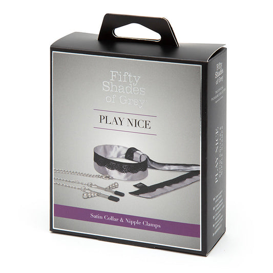 FIFTY SHADES OF GREY - PLAY NICE SATIN COLLAR WITH LACE TRIM & ADJUSTABLE NIPPLE CLAMPS GRAY