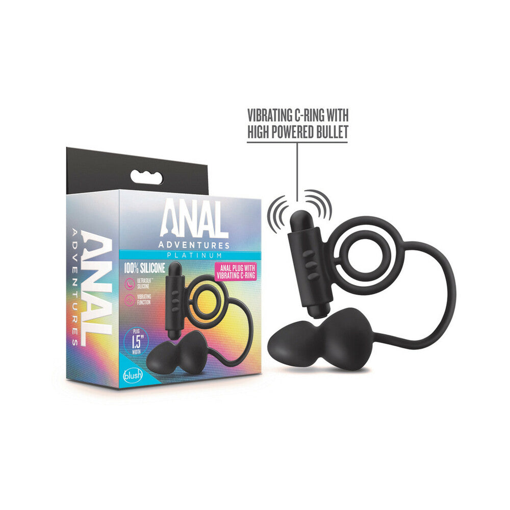 ANAL ADVENTURES PLATINUM SILICONE ANAL PLUG WITH VIBRATING C-RING BLACK