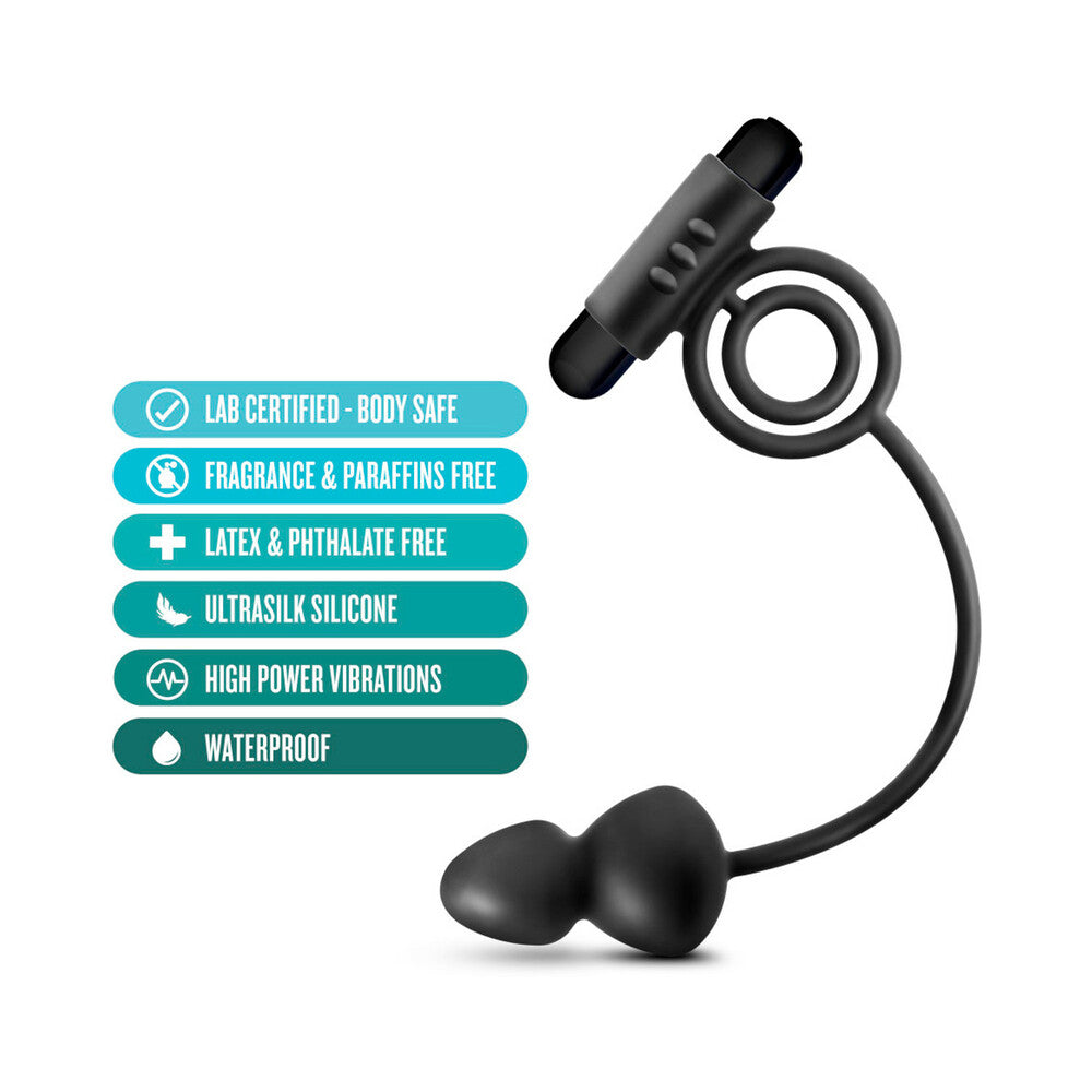 ANAL ADVENTURES PLATINUM SILICONE ANAL PLUG WITH VIBRATING C-RING BLACK