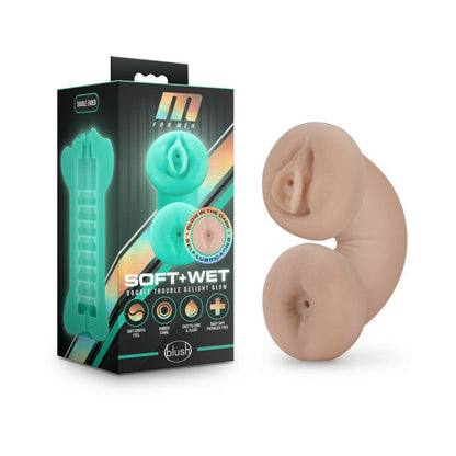 M FOR MEN SOFT + WET DOUBLE TROUBLE GLOW IN THE DARK SELF-LUBRICATING STROKER BEIGE