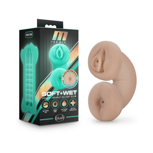 M FOR MEN SOFT + WET DOUBLE TROUBLE GLOW IN THE DARK SELF-LUBRICATING STROKER BEIGE