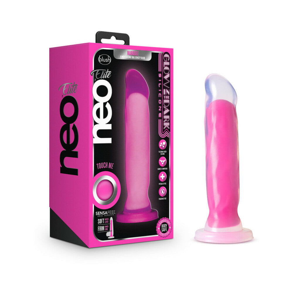 BLUSH - NEO ELITE GLOW IN THE DARK MARQUEE 8 IN. SILICONE DUAL-DENSITY DILDO NEON PINK