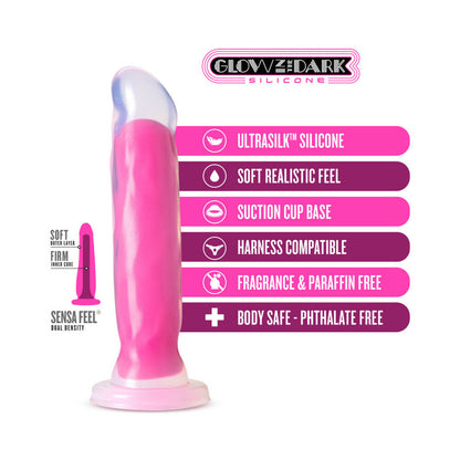 BLUSH - NEO ELITE GLOW IN THE DARK MARQUEE 8 IN. SILICONE DUAL-DENSITY DILDO NEON PINK