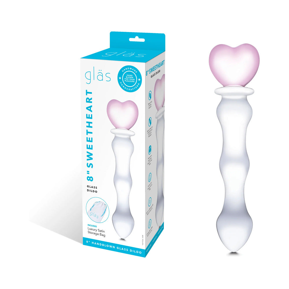 GLAS 8 IN. SWEETHEART GLASS DILDO WITH PINK HEART-SHAPED HANDLE