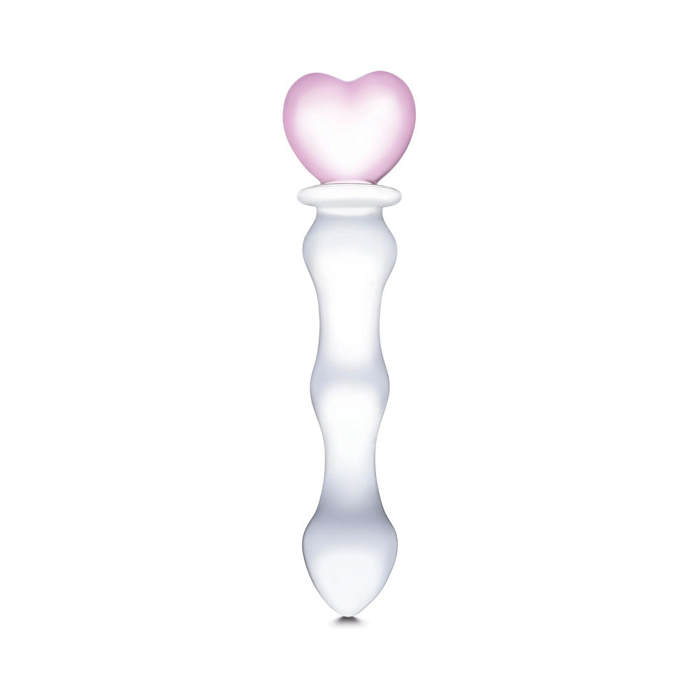GLAS 8 IN. SWEETHEART GLASS DILDO WITH PINK HEART-SHAPED HANDLE