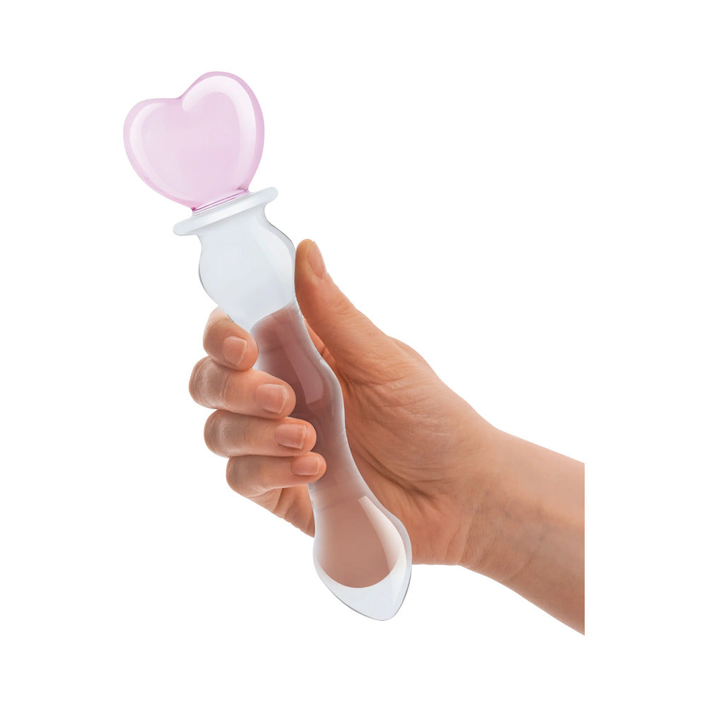 GLAS 8 IN. SWEETHEART GLASS DILDO WITH PINK HEART-SHAPED HANDLE