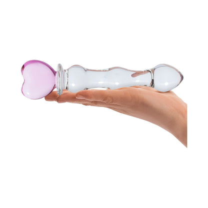 GLAS 8 IN. SWEETHEART GLASS DILDO WITH PINK HEART-SHAPED HANDLE