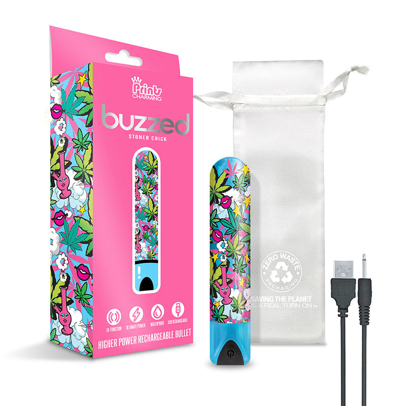 GLOBAL NOVELTIES - PRINTS CHARMING BUZZED RECHARGEABLE 3.5" BULLET - STONER CHICK - BLUE