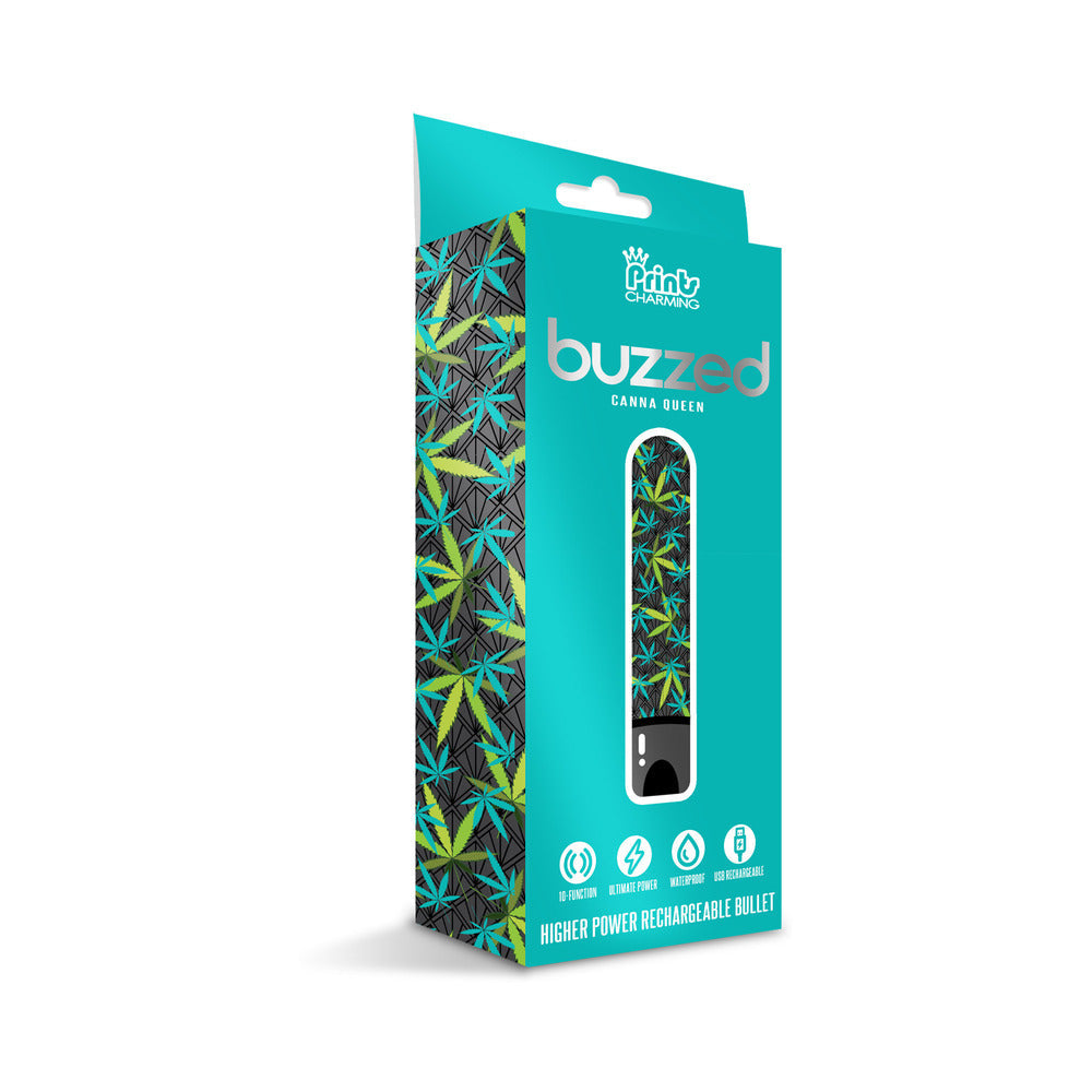 GLOBAL NOVELTIES - PRINTS CHARMING BUZZED RECHARGEABLE 3.5" BULLET - CANNA QUEEN - BLACK