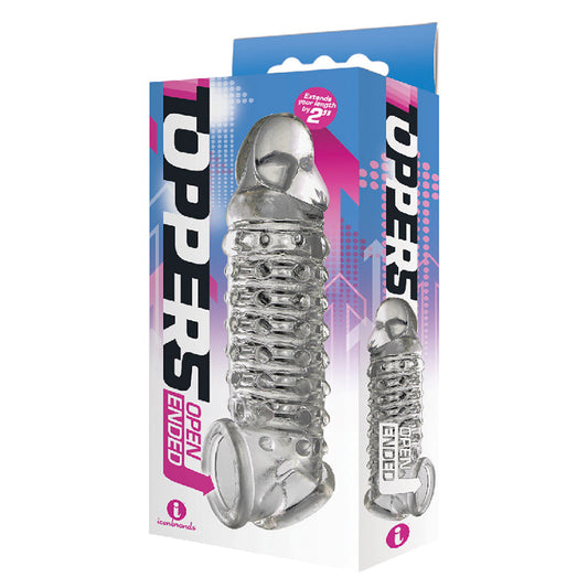 THE 9''S TOPPERS OPEN-ENDED, RIBBED, AND NUBBED PENIS EXTENDER - CLEAR