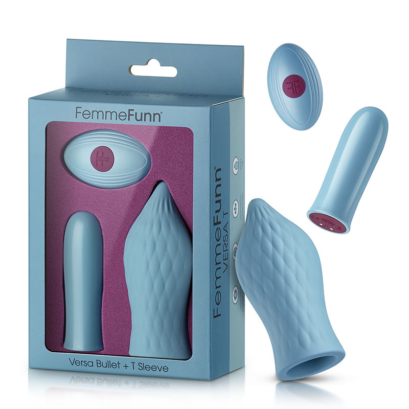 FEMMEFUNN VERSA T BULLET VIBRATOR & TEXTURED SILICONE TONGUE-SHAPED SLEEVE LIGHT BLUE