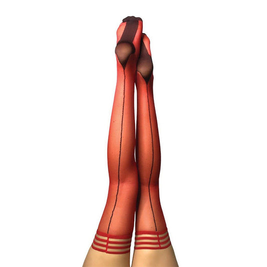 KIXIES MONICA SHEER RED CUBAN HEEL THIGH-HIGH WITH BLACK BACK SEAM SIZE C