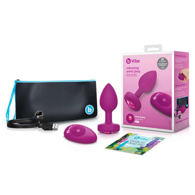 B-VIBE - TAPÓN ANAL RECARGABLE VIBRADOR CONTROLADO A DISTANCIA CON BASE DE GEMA ROSA RUBÍ PEQUEÑO/MEDIANO