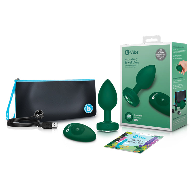 B-VIBE - TAPÓN ANAL VIBRADOR RECARGABLE CON CONTROL REMOTO Y BASE DE GEMA ESMERALDA MEDIANO/GRANDE