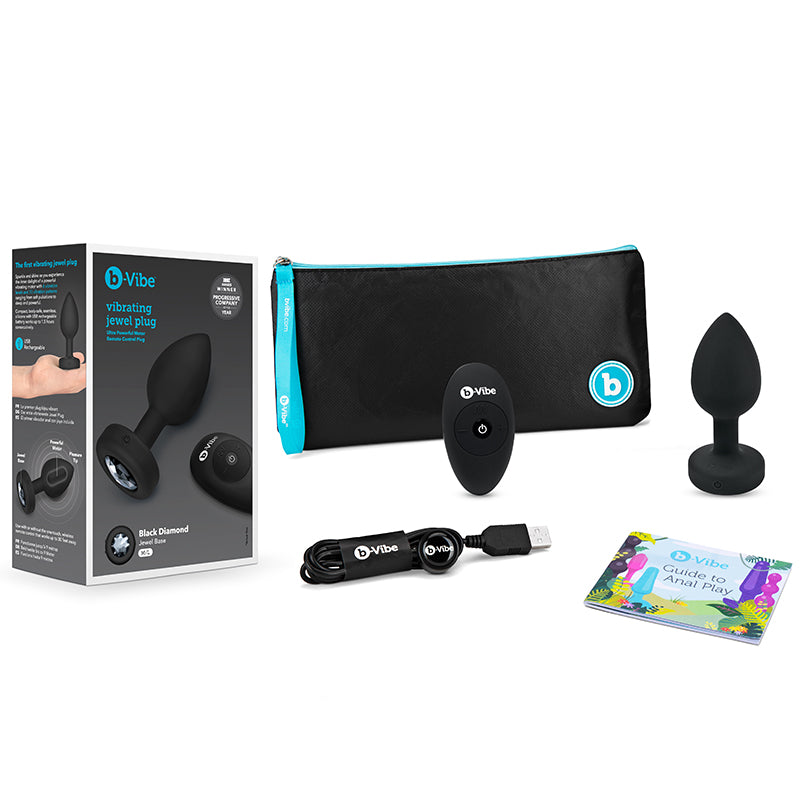 B-VIBE - VIBRATING JEWEL RECHARGEABLE REMOTE-CONTROLLED ANAL PLUG WITH GEM BASE BLACK DIAMOND MEDIUM/LARGE