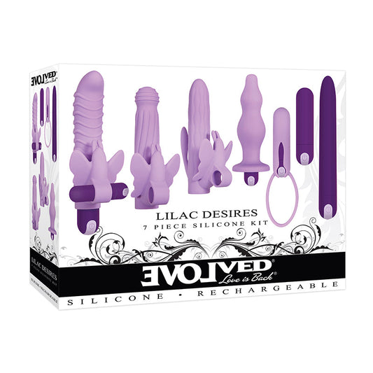 EVOLVED LILAC DESIRES 7-PIECE RECHARGEABLE SILICONE VIBRATOR AND SLEEVE SET PURPLE