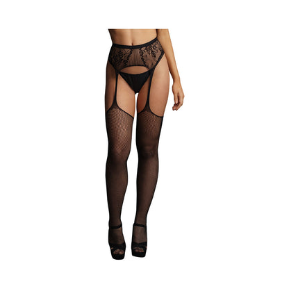 LE DESIR FISHNET AND LACE GARTER BELT STOCKINGS BLACK O/S