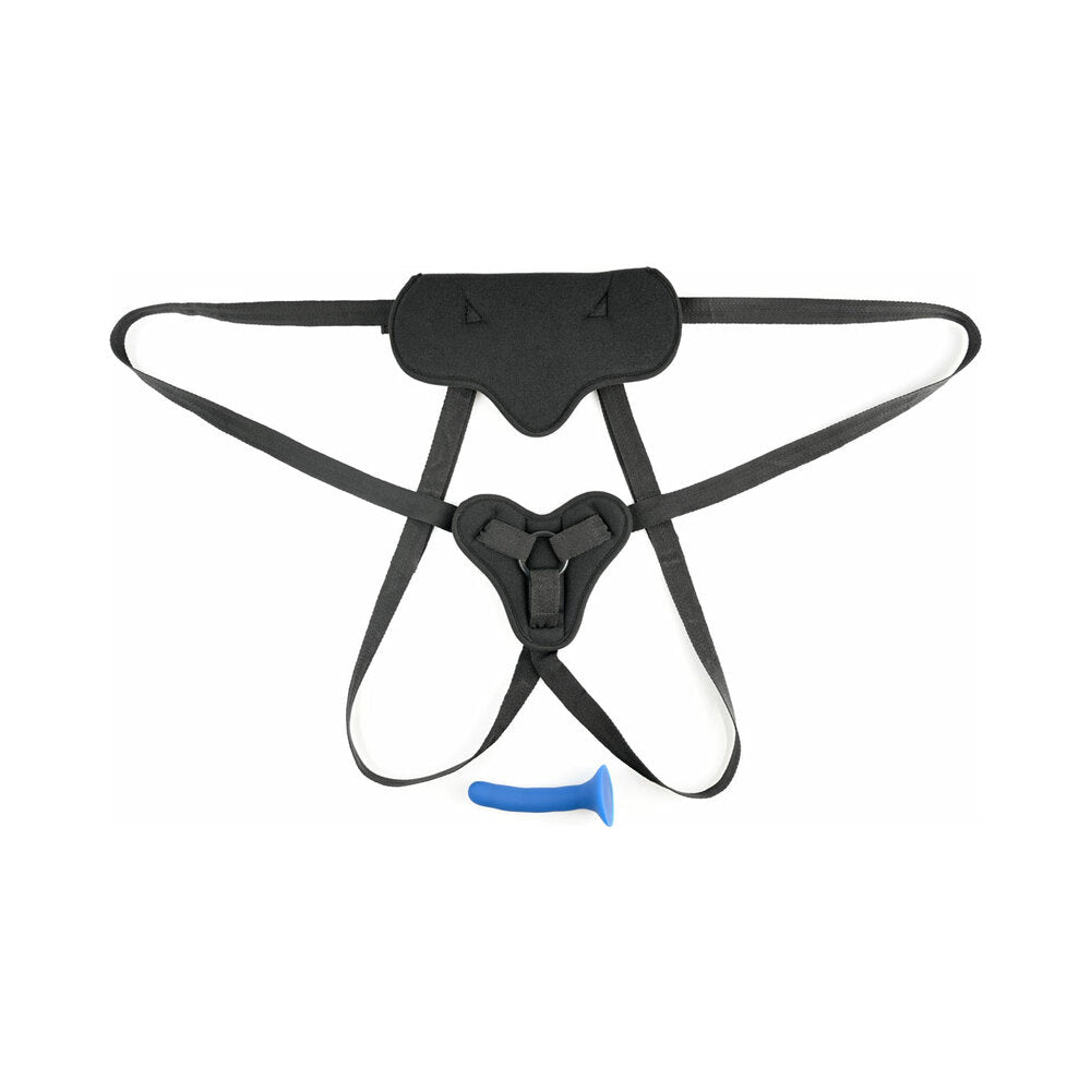 SPORTSHEETS SPECIAL EDITION NEW COMER''S STRAP-ON SET HARNESS & 5.25 IN. DILDO BLUE/BLACK