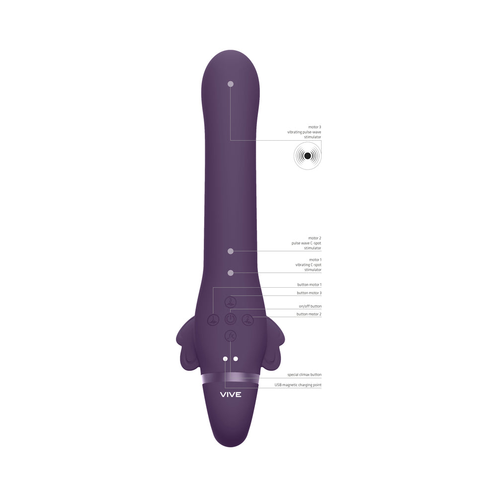 VIVE SATU RECHARGEABLE TRIPLE MOTOR PULSE-WAVE VIBRATING SILICONE STRAPLESS STRAP-ON PURPLE
