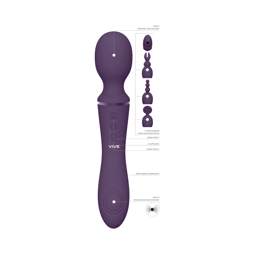VIVE NAMI DUAL-ENDED PULSE WAVE & VIBRATING WAND WITH INTERCHANGEABLE SLEEVES PURPLE