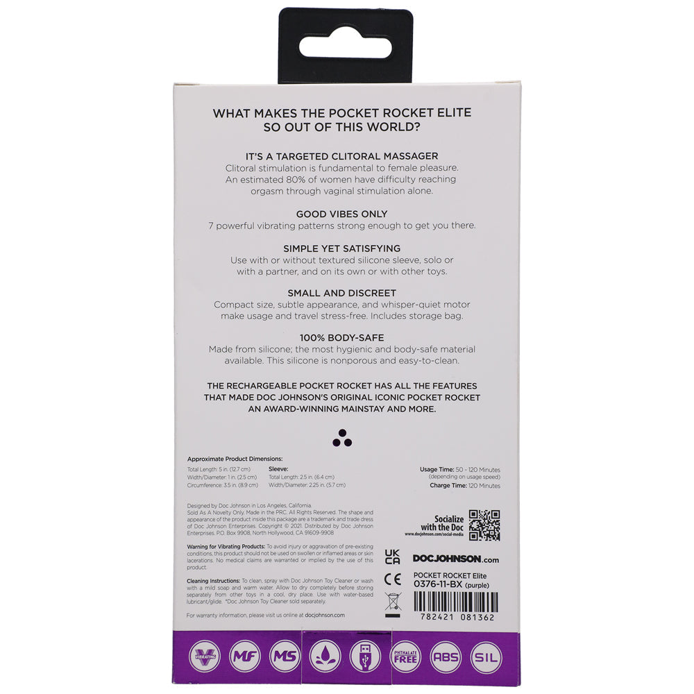 DOC JOHNSON - POCKET ROCKET ELITE RECHARGEABLE BULLET WITH REMOVABLE SLEEVE PURPLE