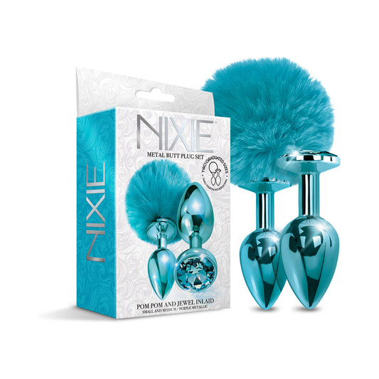 GLOBAL NOVELTIES - NIXIE BUTT PLUG SET POM POM AND JEWEL INLAID METALLIC