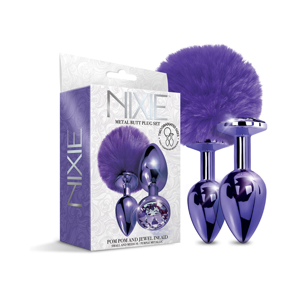 GLOBAL NOVELTIES - NIXIE BUTT PLUG SET POM POM AND JEWEL INLAID METALLIC