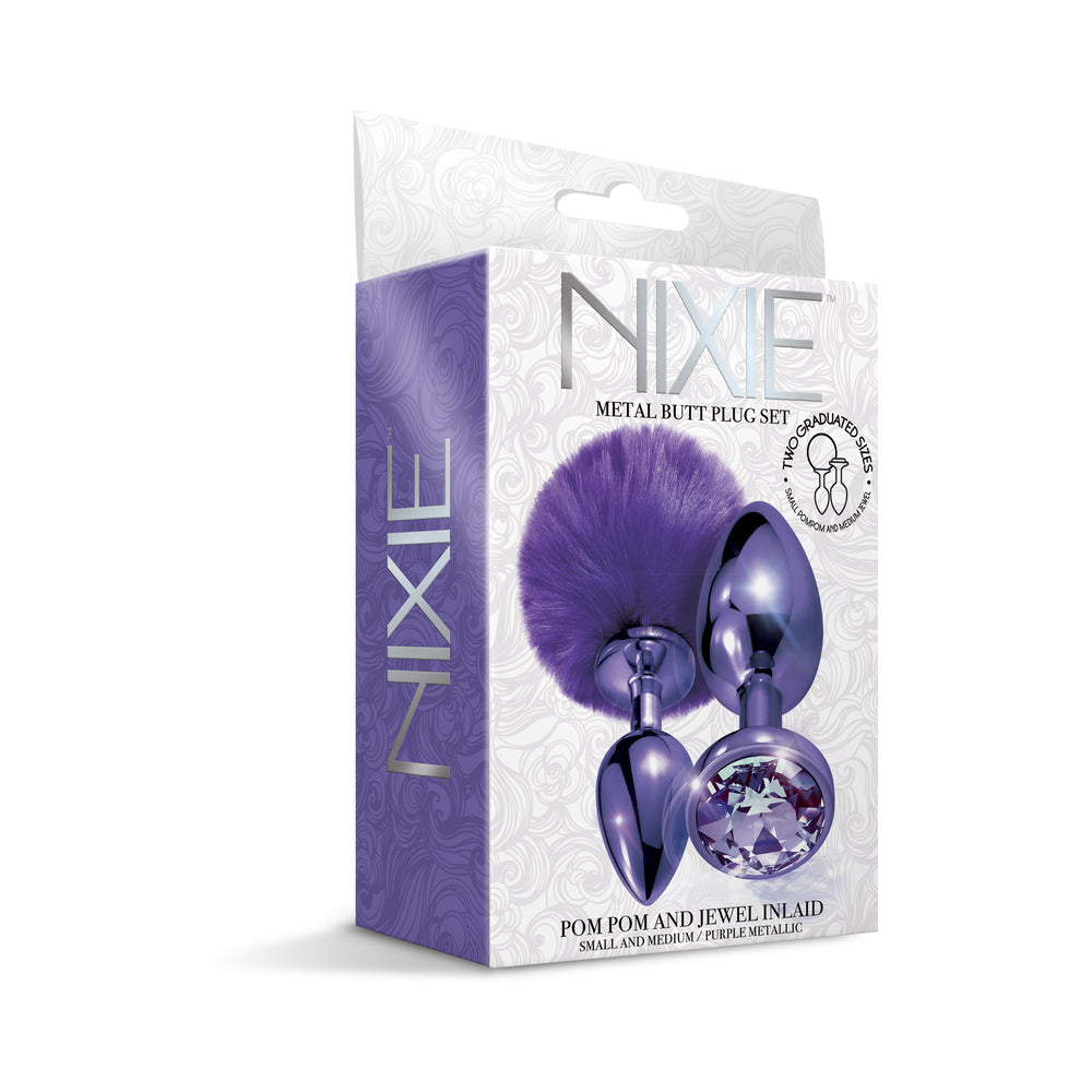 GLOBAL NOVELTIES - NIXIE BUTT PLUG SET POM POM AND JEWEL INLAID METALLIC