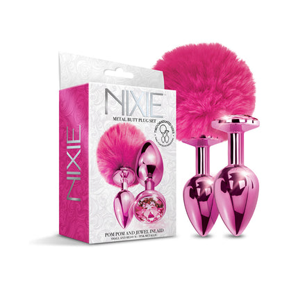 GLOBAL NOVELTIES - NIXIE BUTT PLUG SET POM POM AND JEWEL INLAID METALLIC