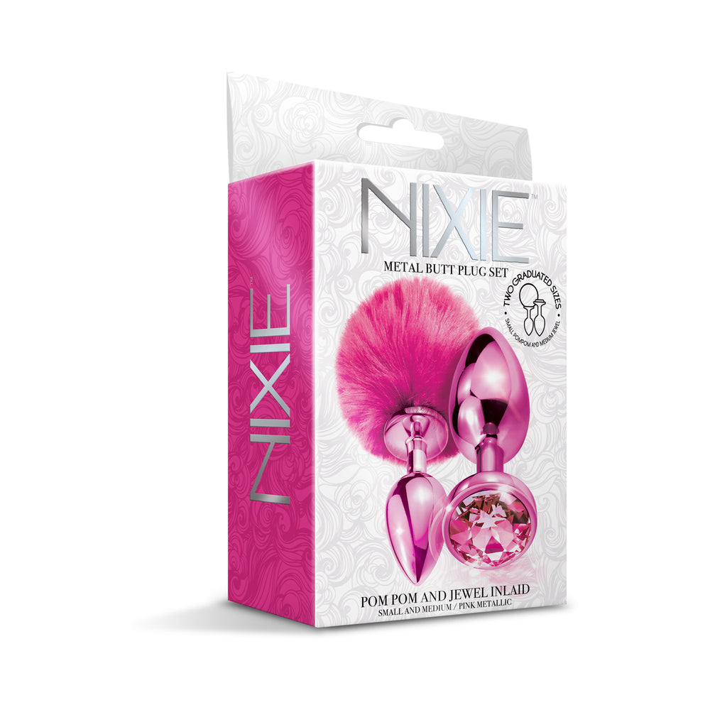 GLOBAL NOVELTIES - NIXIE BUTT PLUG SET POM POM AND JEWEL INLAID METALLIC