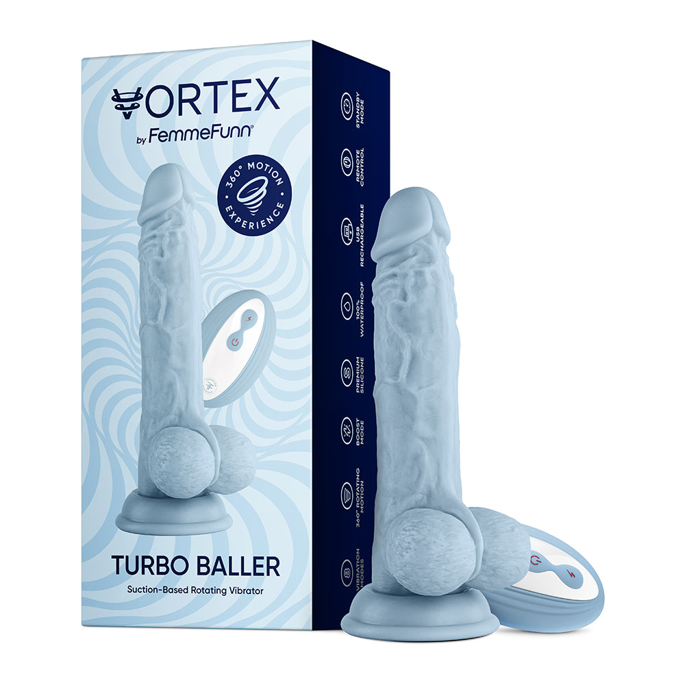 FEMMEFUNN VORTEX TURBO BALLER 2.0 8.25 IN. VIBRATING ROTATING DILDO LIGHT BLUE
