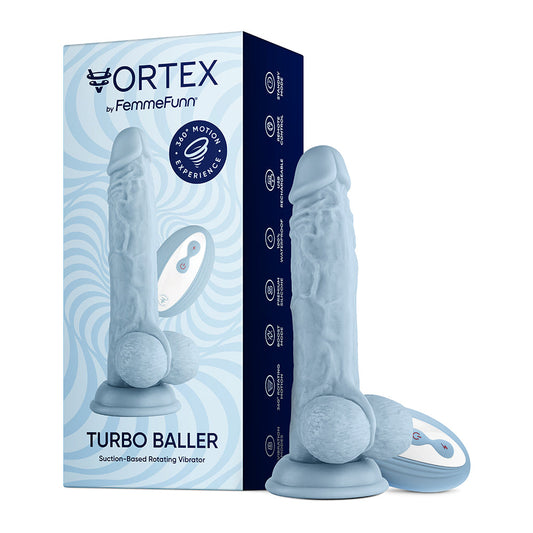 FEMMEFUNN VORTEX TURBO BALLER 2.0 8.25 IN. VIBRATING ROTATING DILDO LIGHT BLUE
