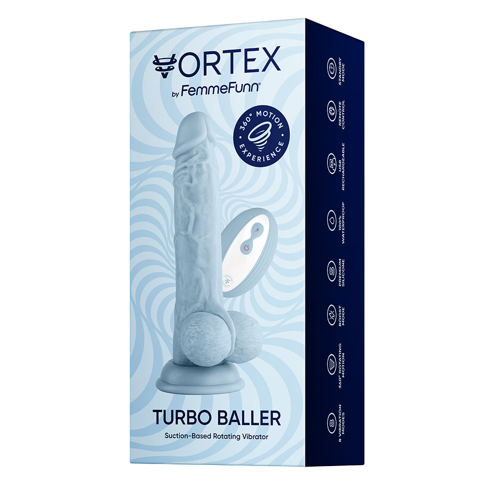 FEMMEFUNN - VORTEX TURBO BALLER 2.0 8.25 IN. VIBRATING ROTATING DILDO LIGHT BLUE
