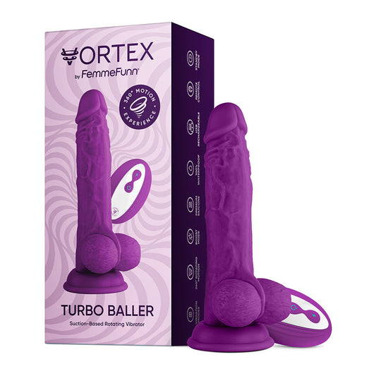 FEMMEFUNN VORTEX TURBO BALLER 2.0 8.25 IN. VIBRATING ROTATING DILDO PURPLE